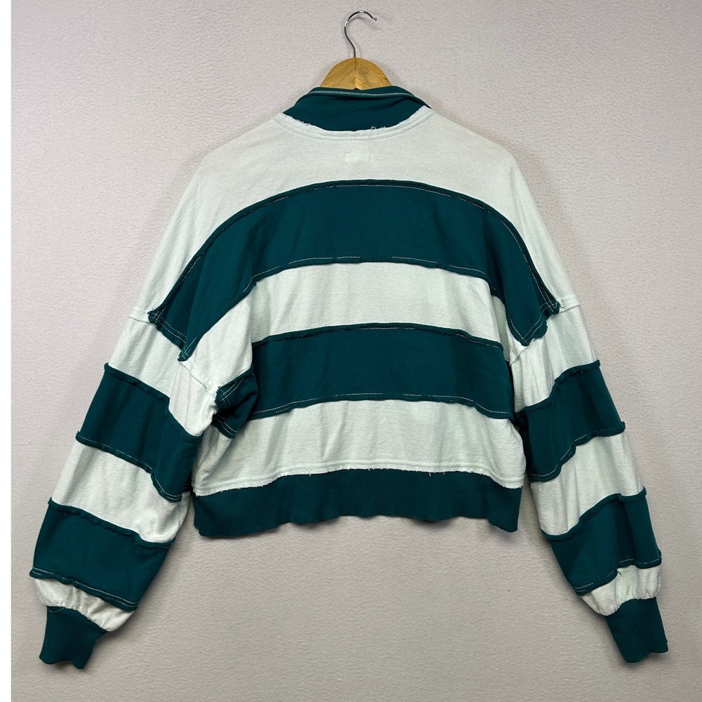 Boho Coastal Pilcro Womens Small Teal White Striped Grommet Cropped Sweatshirt - Picture 2 of 10